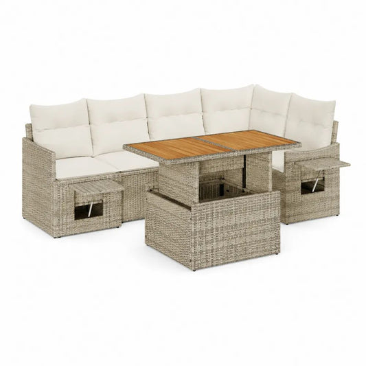 Salon de jardin d’angle 8 places en résine tressée beige grisé, coussins crème, table relevable à plateau marron et 2 tabourets, canapé 237 × 237 × 74 cm, table 120 × 70 × 45–68 cm