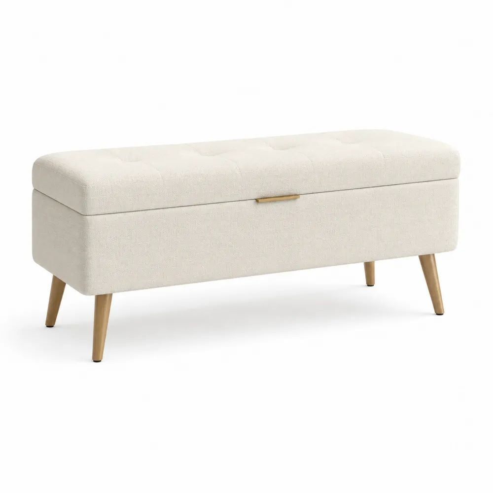 Banc coffre de rangement capitonné en tissu bouclé crème, rectangulaire, 110 × 40 × 45 cm