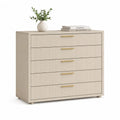 Commode basse en MDF beige à 5 tiroirs avec façades rainurées et poignées dorées, 100 x 40 x 82 cm
