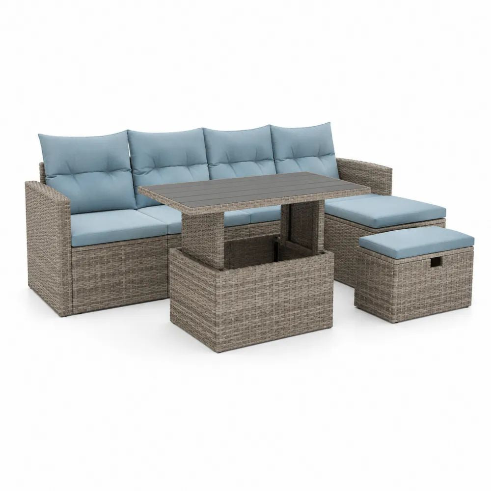 Salon de jardin extérieur 6 places en résine tressée gris taupe avec canapé, table relevable, repose-pieds et pouf, 230 × 175 × 78 cm, coussins bleu clair