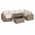 Salon de jardin extérieur 5 pièces, canapé d’angle modulable 5 places en résine tressée taupe, pouf et table relevable, coussins crème, 245 x 185 x 75 cm