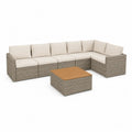 Salon de jardin d’angle 5 places en résine tressée PE taupe avec coussins beiges et table en acacia, 280 × 210 × 66 cm