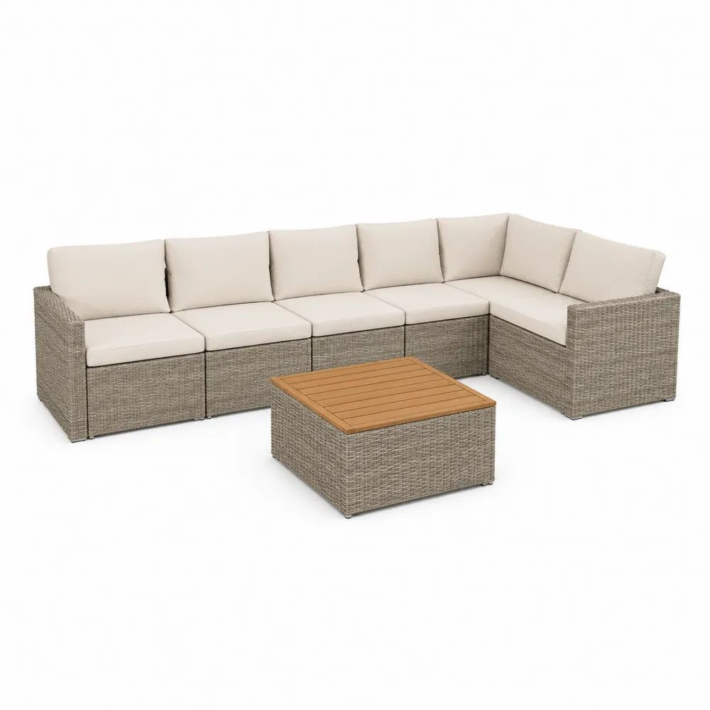 Salon de jardin d’angle 5 places en résine tressée PE taupe avec coussins beiges et table en acacia, 280 × 210 × 66 cm