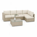 Salon de jardin d’angle 5 places, ensemble 4 pièces en résine tressée et acier avec coussins crème et table basse, 240 × 180 × 70 cm