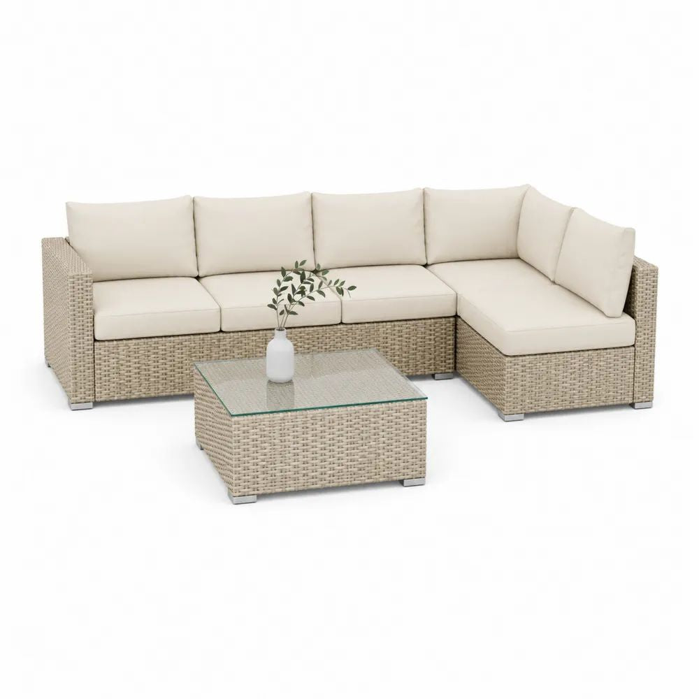 Salon de jardin d’angle 5 places, ensemble 4 pièces en résine tressée et acier avec coussins crème et table basse, 240 × 180 × 70 cm