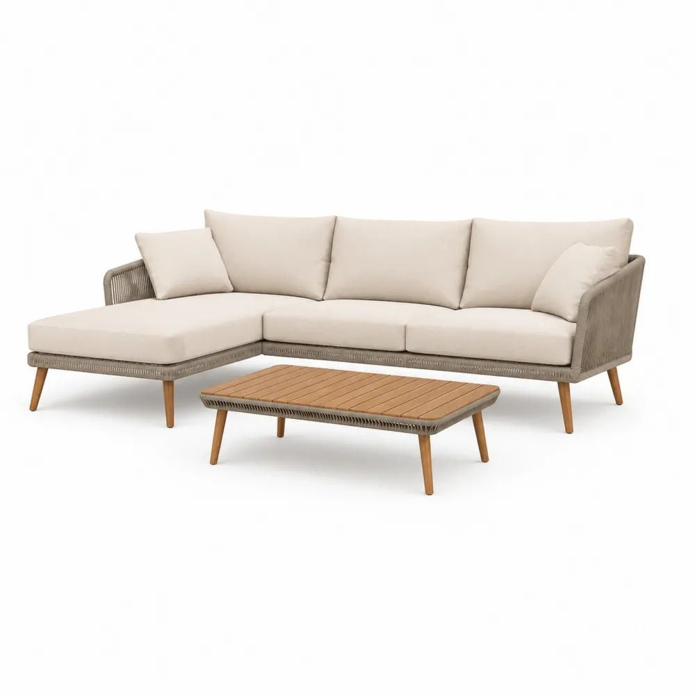 Salon de jardin extérieur 2 pièces en aluminium, corde, polyester et bois, canapé d’angle beige clair et taupe 240 × 160 × 82 cm avec table basse 110 × 60 × 38 cm