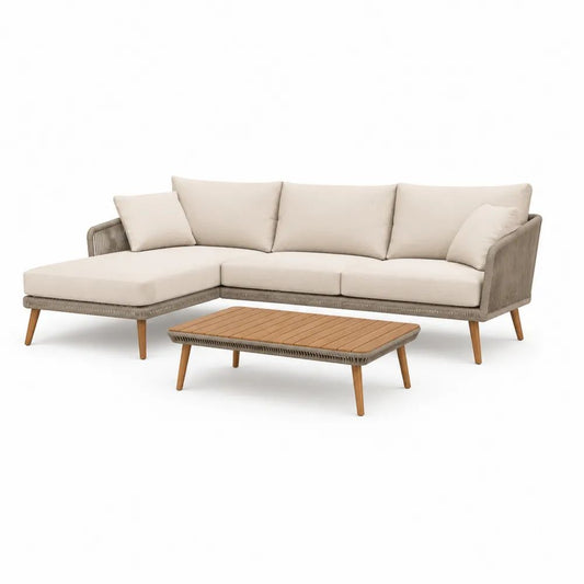 Salon de jardin extérieur 2 pièces en aluminium, corde, polyester et bois, canapé d’angle beige clair et taupe 240 × 160 × 82 cm avec table basse 110 × 60 × 38 cm