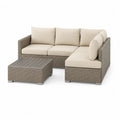 Salon de jardin d’angle 3 places 2 pièces en résine tressée grise avec coussins beiges, canapé 203 × 135 × 64 cm et table basse 70 × 70 × 33 cm