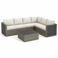 Salon de jardin d’angle 5 places avec table basse en résine tressée PE et aluminium gris anthracite, coussins beige clair, 238 × 238 × 66 cm