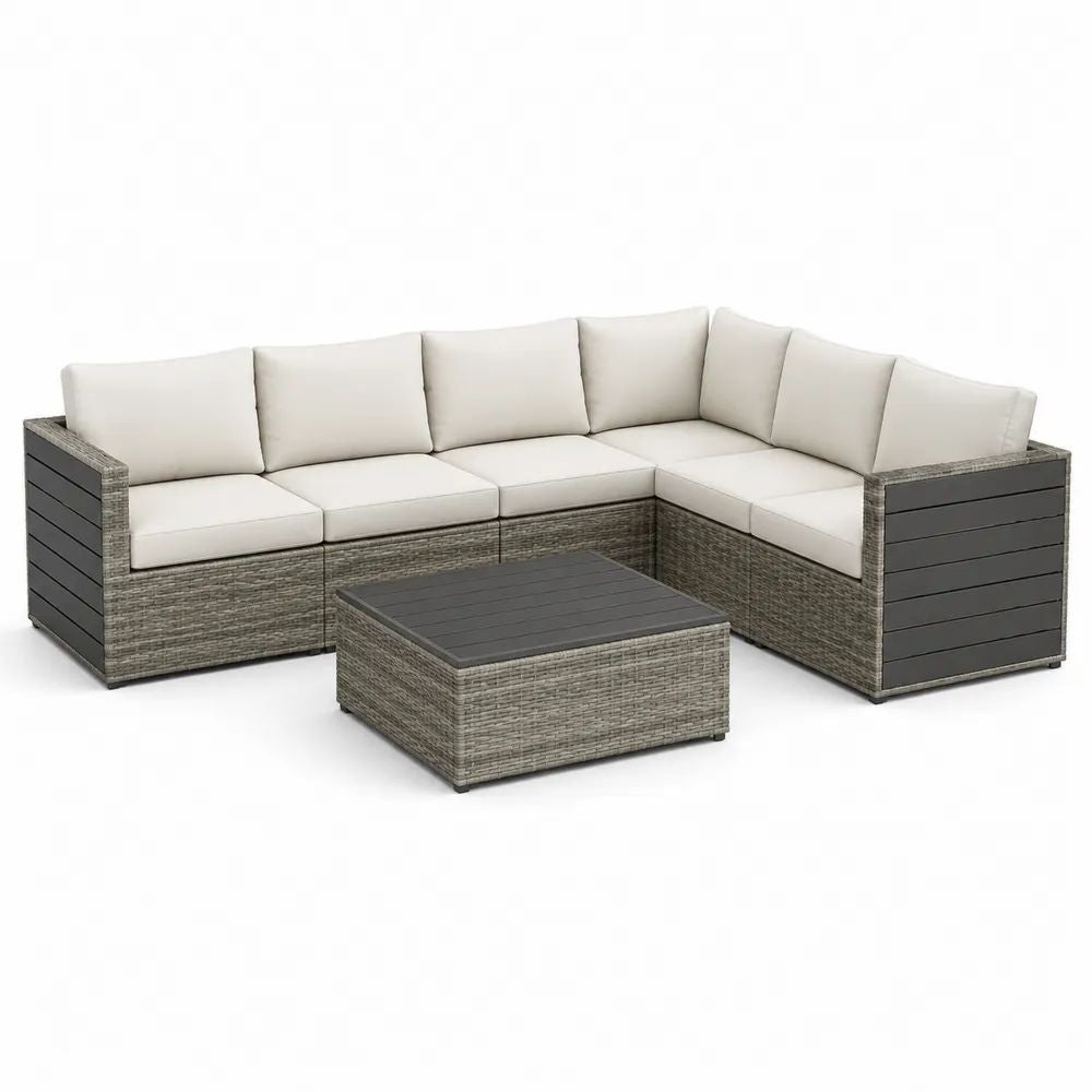 Salon de jardin d’angle 5 places avec table basse en résine tressée PE et aluminium gris anthracite, coussins beige clair, 238 × 238 × 66 cm
