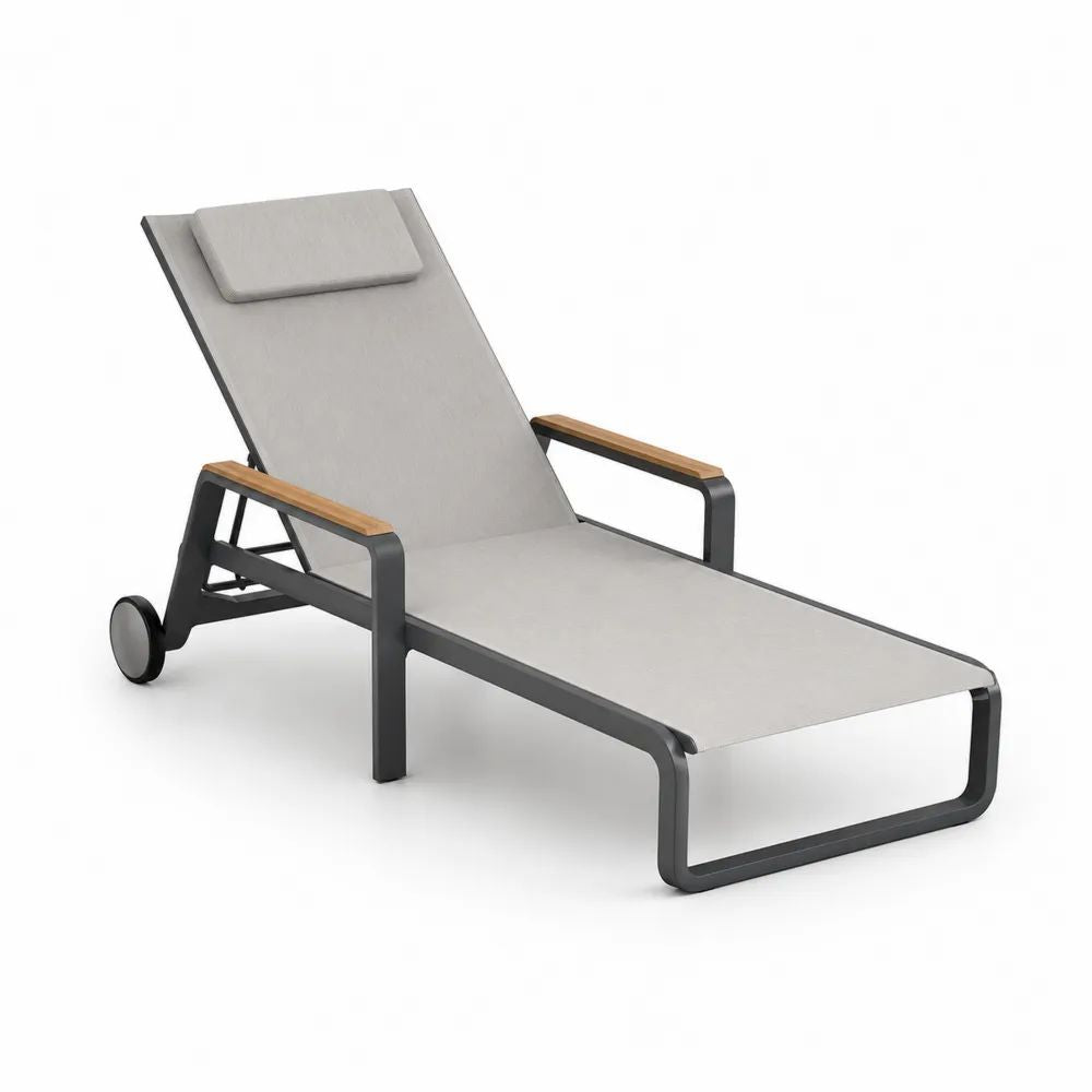 Bain de soleil extérieur inclinable en aluminium et textilène gris clair avec coussin et roulettes, 198 x 65 x 95 cm