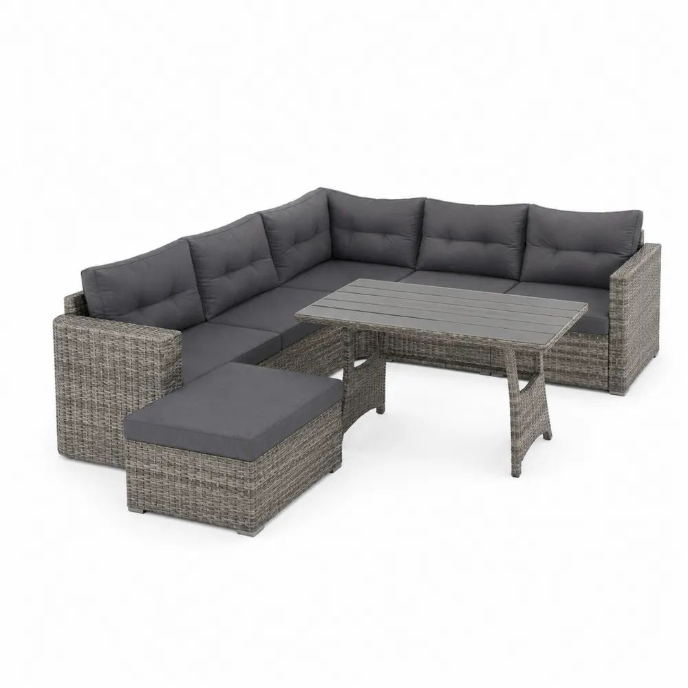 Salon de jardin d’angle 6 places en résine tressée grise avec coussins anthracite, 260 × 200 × 74 cm, table 120 × 70 × 66 cm