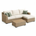 Salon de jardin 3 pièces avec canapé d’angle 3 places en résine tressée beige, coussins écrus et table basse, 220 × 145 × 70 cm