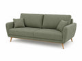Canapé droit 3 places en polyester vert sauge avec 2 coussins et pieds en bois, 190 × 82 × 84 cm