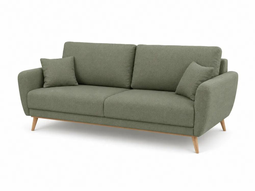 Canapé droit 3 places en polyester vert sauge avec 2 coussins et pieds en bois, 190 × 82 × 84 cm