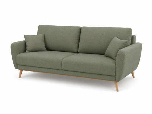 Canapé droit 3 places en polyester vert sauge avec 2 coussins et pieds en bois, 190 × 82 × 84 cm