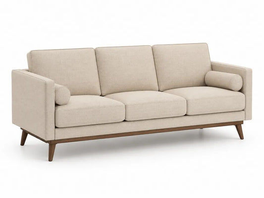 Canapé droit 3 places en tissu beige et bois brun noyer, 218 × 86 × 86 cm