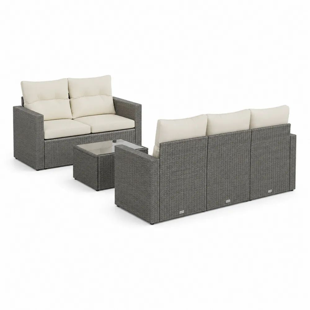Salon de jardin extérieur 5 places en métal et plastique tressé gris avec coussins écrus, canapés 138 × 74 × 82 cm et 196 × 74 × 82 cm, table en verre 60 × 60 × 35 cm