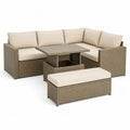 Salon de jardin d’angle 5 pièces en résine tressée taupe avec coussins beige clair, table relevable et repose-pieds, 225 × 225 cm