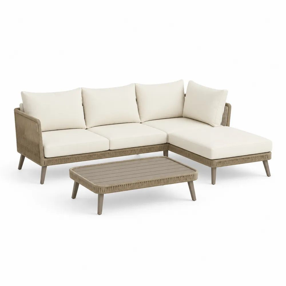 Salon de jardin d’angle 3 places avec méridienne droite et table basse, aluminium et corde, beige/écru, 222 × 145 × 78 cm