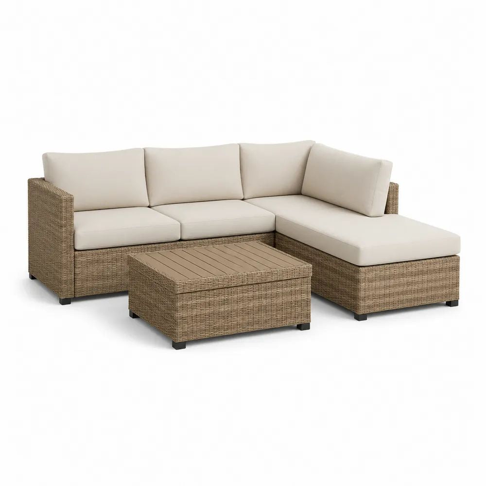 Salon de jardin extérieur 3 pièces en résine tressée beige avec canapé d’angle, méridienne droite 225 × 150 × 72 cm et table basse 70 × 60 × 35 cm