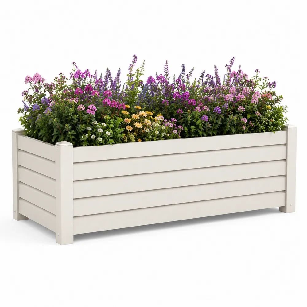 Bac à fleurs extérieur rectangulaire en bois massif blanc cassé 120 × 40 × 45 cm