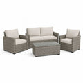 Salon de jardin extérieur 4 pièces en résine tressée gris et beige avec canapé 124 × 68 × 76 cm, 2 fauteuils et table basse 85 × 45 × 38 cm