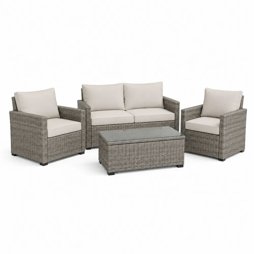 Salon de jardin extérieur 4 pièces en résine tressée gris et beige avec canapé 124 × 68 × 76 cm, 2 fauteuils et table basse 85 × 45 × 38 cm